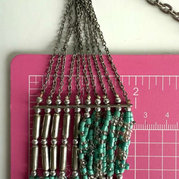 Turquoise Glass Silver Tone Seed Bead Bib Multi Strand Necklace Boho - Picture 6 of 12